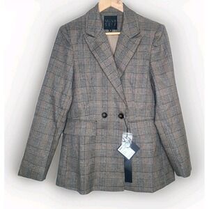 Mina Self Womens Brown Plaid Double Breasted Blazer Size L Office Workwear‎